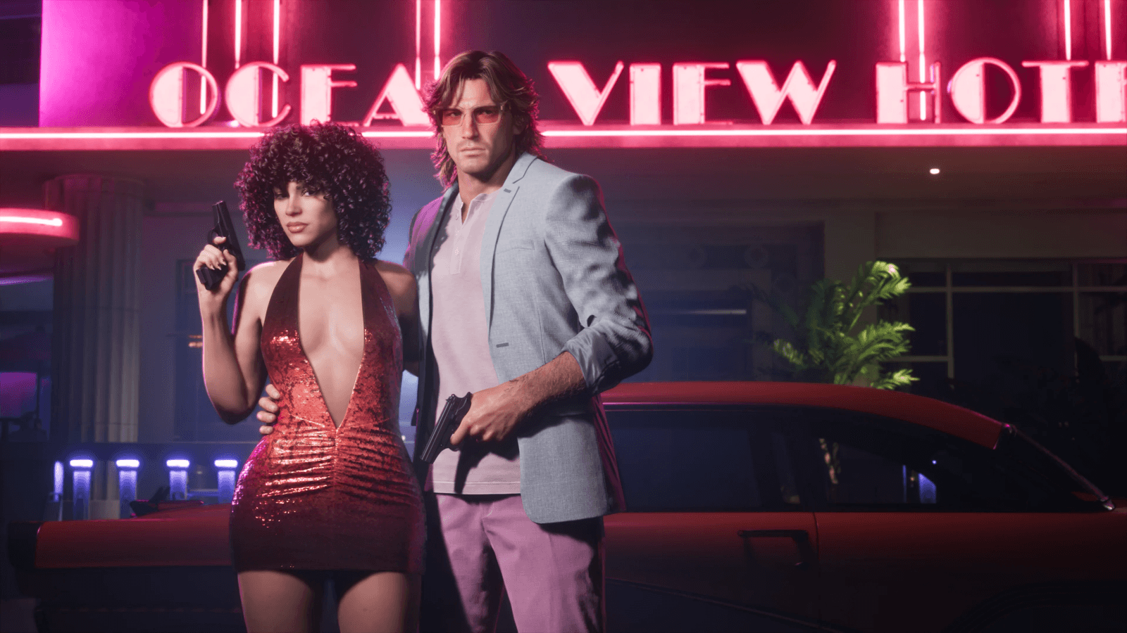 Jason and Lucia standing outside the neon-lit Ocean View Hotel in GTA 6