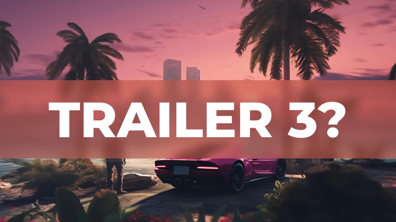 Vice City skyline at sunset with palm trees and a pink sports car, overlaid with the text 'TRAILER 3?' — GTA 6 trailer-three anticipation
