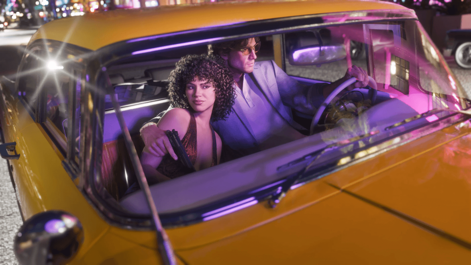 GTA 6 protagonists Jason and Lucia in a classic car on a neon Vice City street at night, the Bonnie-and-Clyde imagery fans want Trailer 3 to expand on
