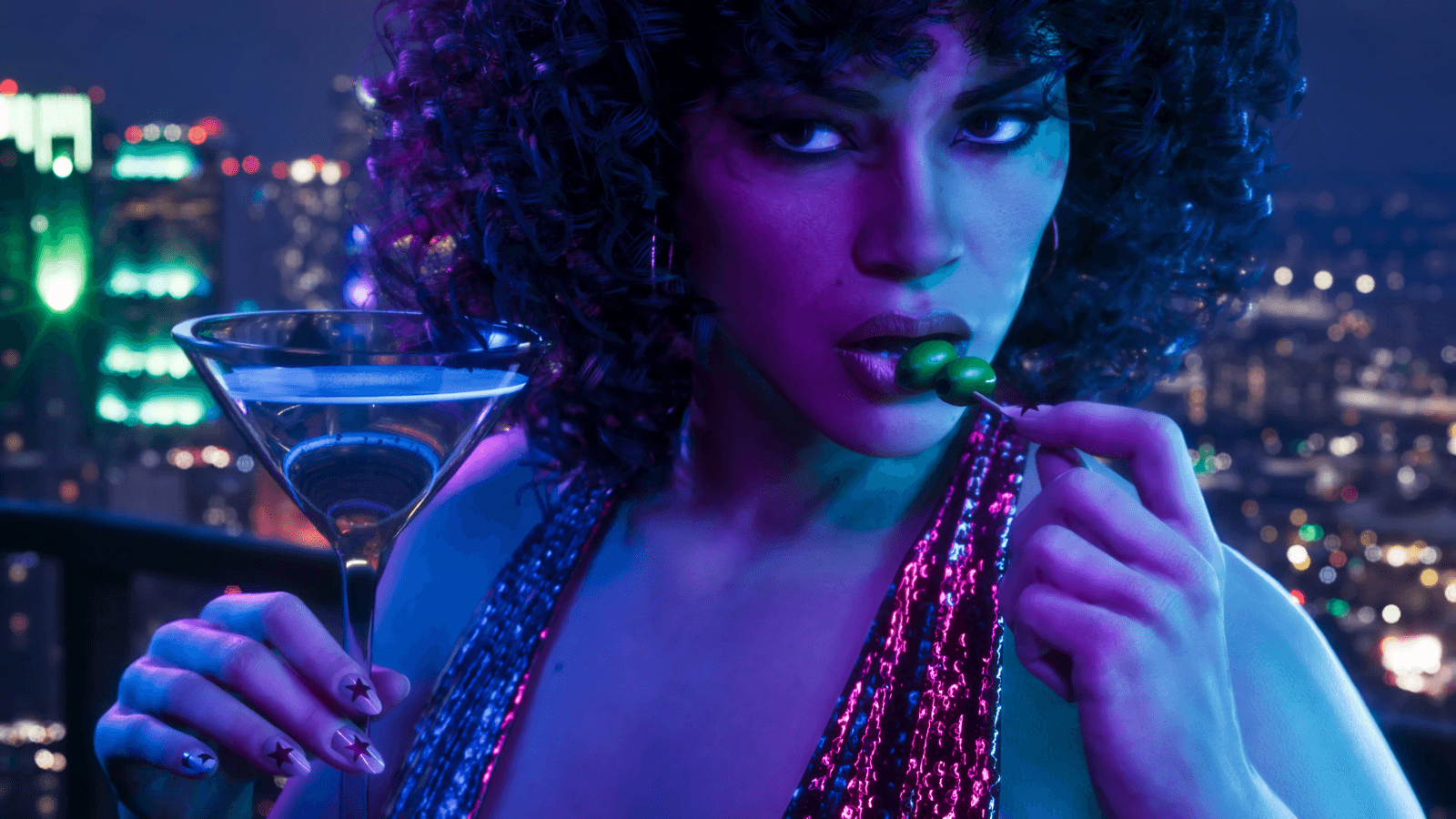 A glamorous character with a martini on a rooftop overlooking the Vice City skyline in GTA 6
