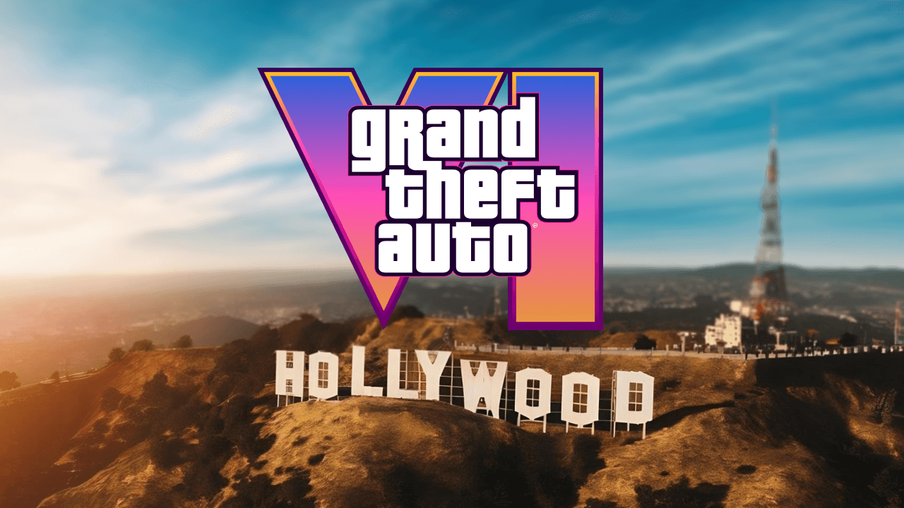 The Grand Theft Auto VI logo over the Hollywood sign at sunset