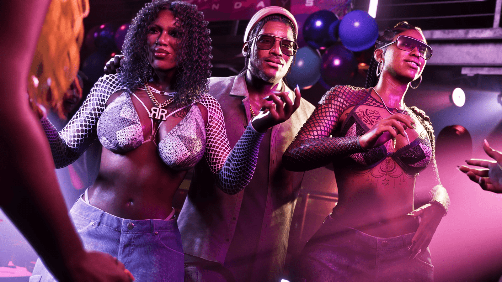 Split scene contrasting a neon Vice City skyline with a colorful Saints Row gang street