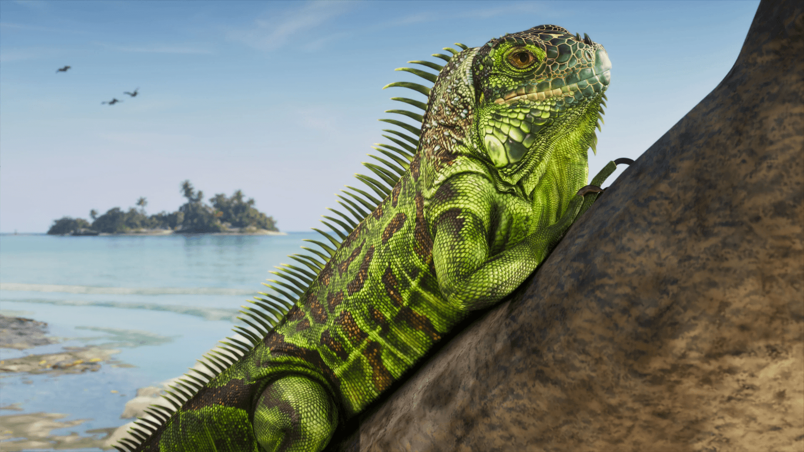 A green iguana sunning on a rock above turquoise water in GTA 6, official screenshot