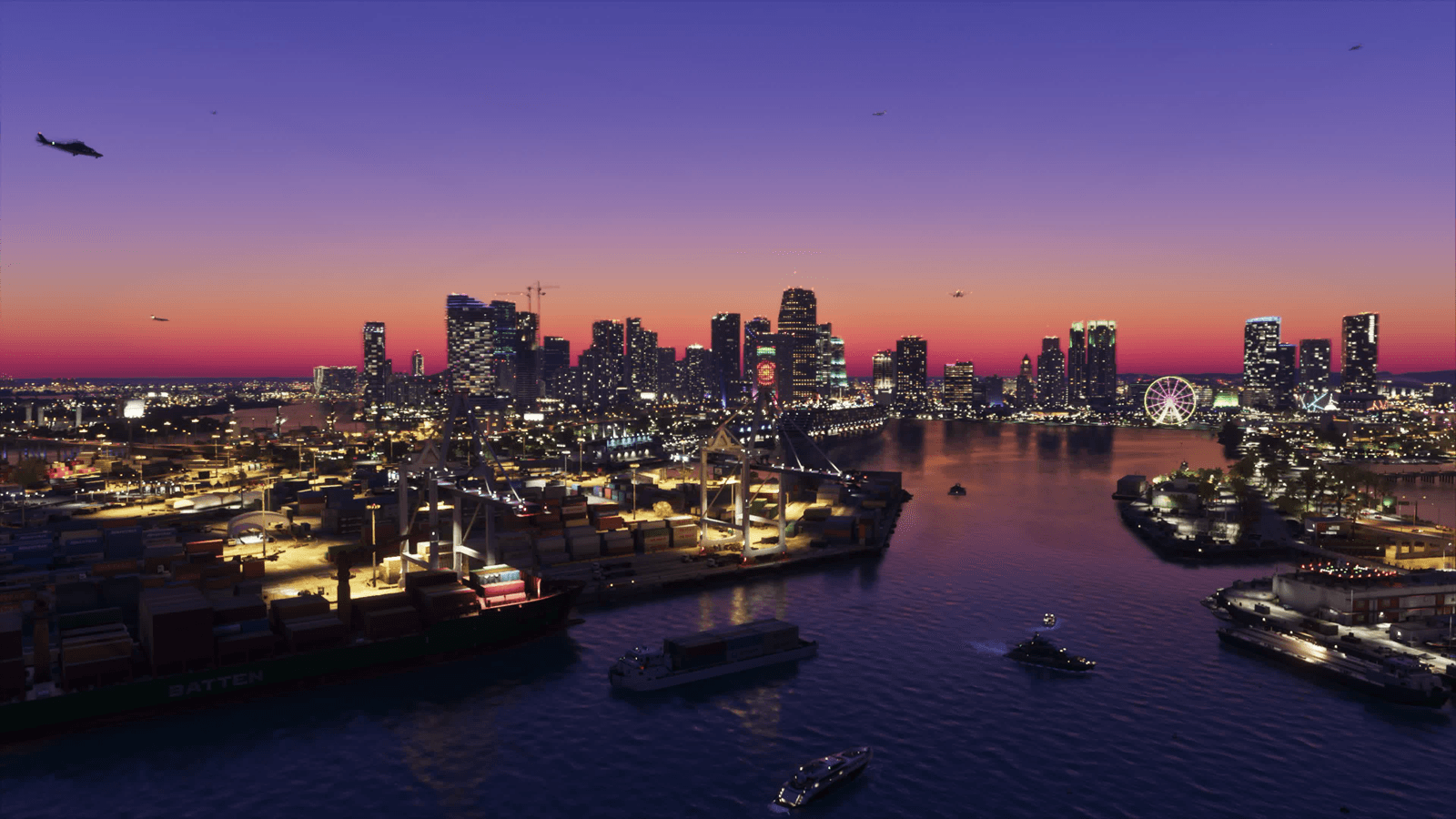GTA 6 screenshot of the Vice City skyline and port at dusk, with container ships, boats and a ferris wheel