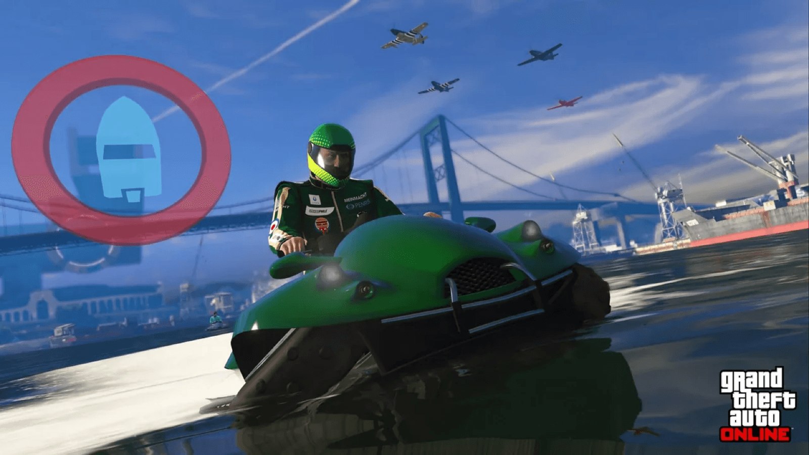A GTA Online player riding a jet ski past the Los Santos docks as planes fly overhead
