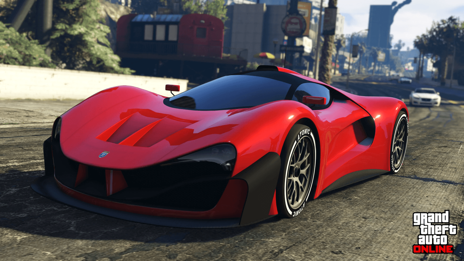 A red supercar on a Los Santos street in GTA Online
