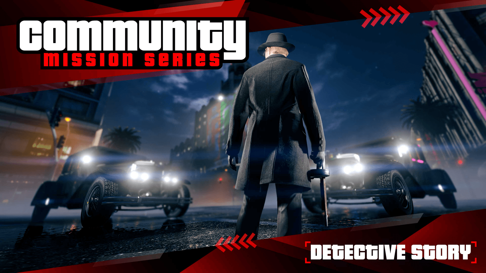 GTA Online Community Mission Series key art showing the Detective Story mission, a detective standing between two classic cars in Los Santos at night