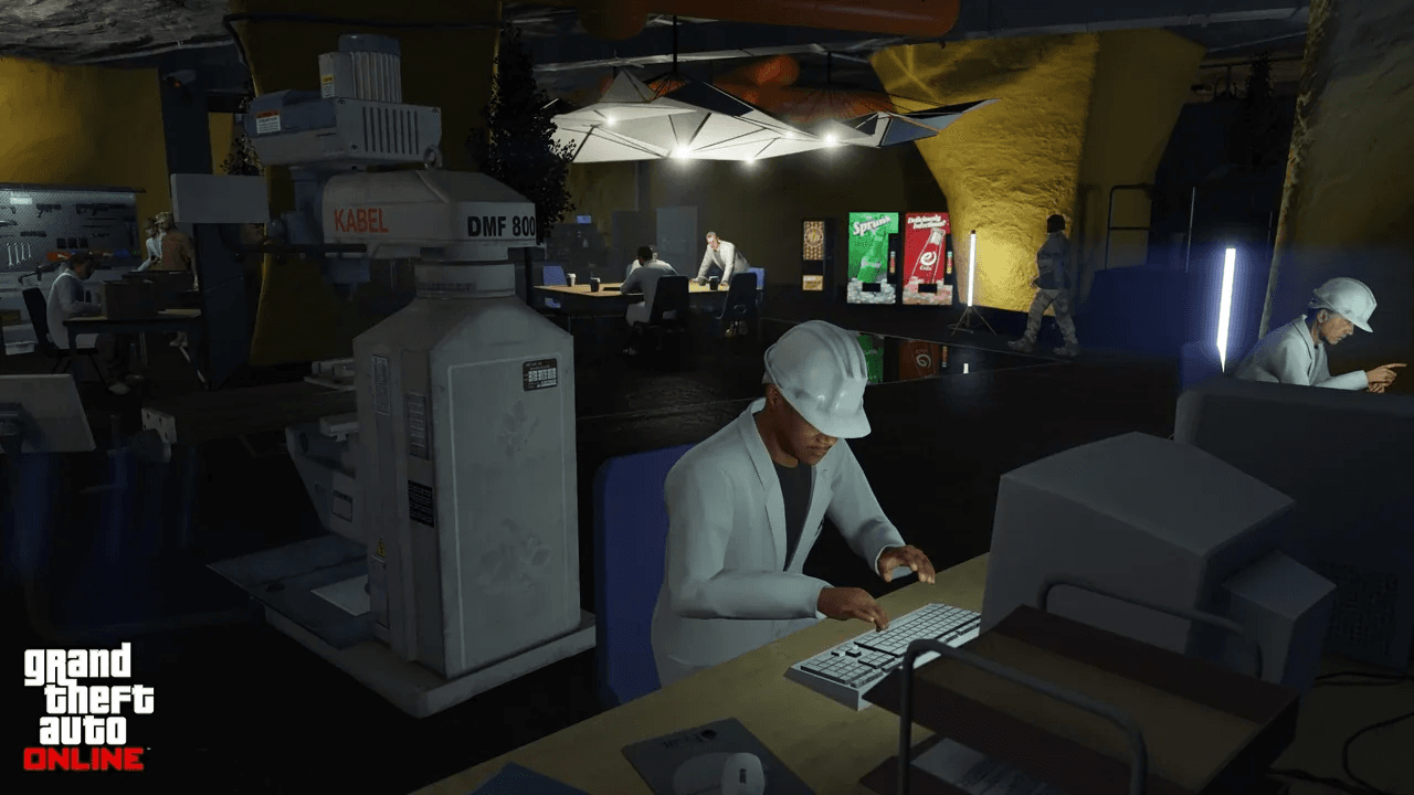 GTA Online Counterfeit Cash Factory interior with printing presses producing fake banknotes