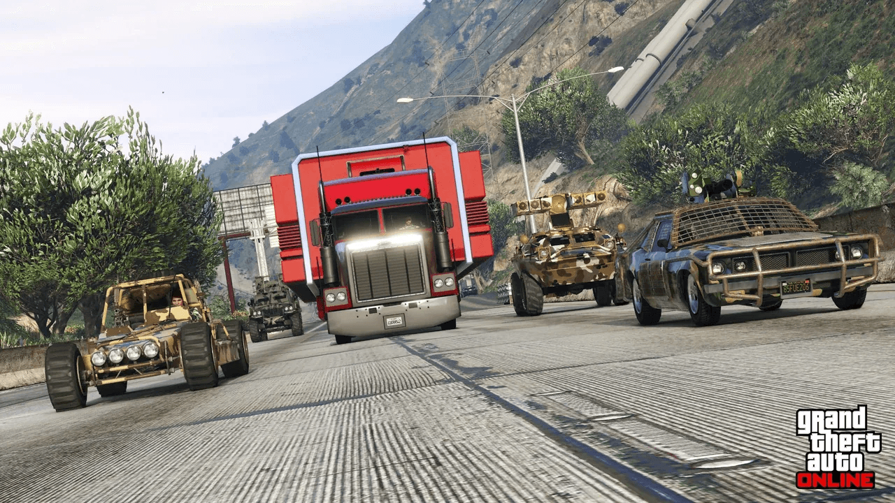 An armored car parked outside a Fleeca bank branch in GTA Online