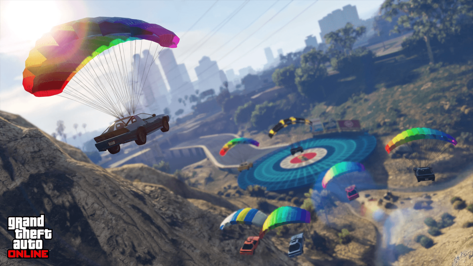 Cars parachuting over Los Santos in GTA Online, the setting of the new Kortz Center Heist