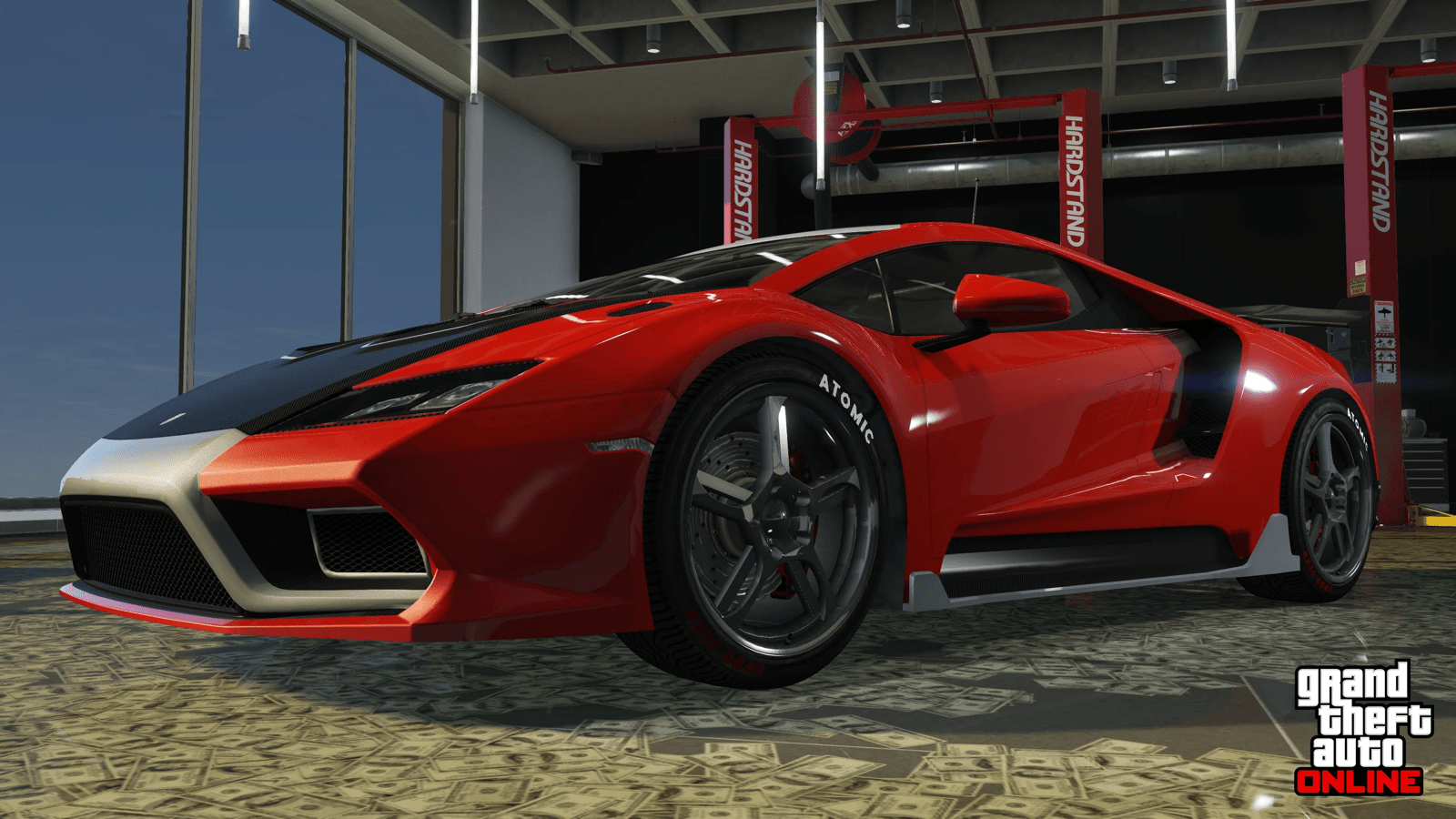 A red supercar parked on a floor covered in cash in GTA Online