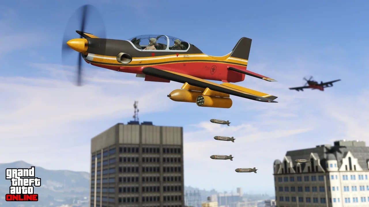 Aerial action sequence over downtown Los Santos in GTA Online