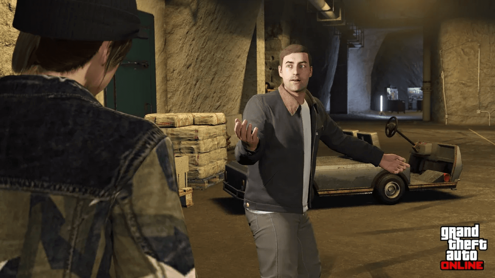 Stacks of cash on a pallet inside an underground bunker in GTA Online