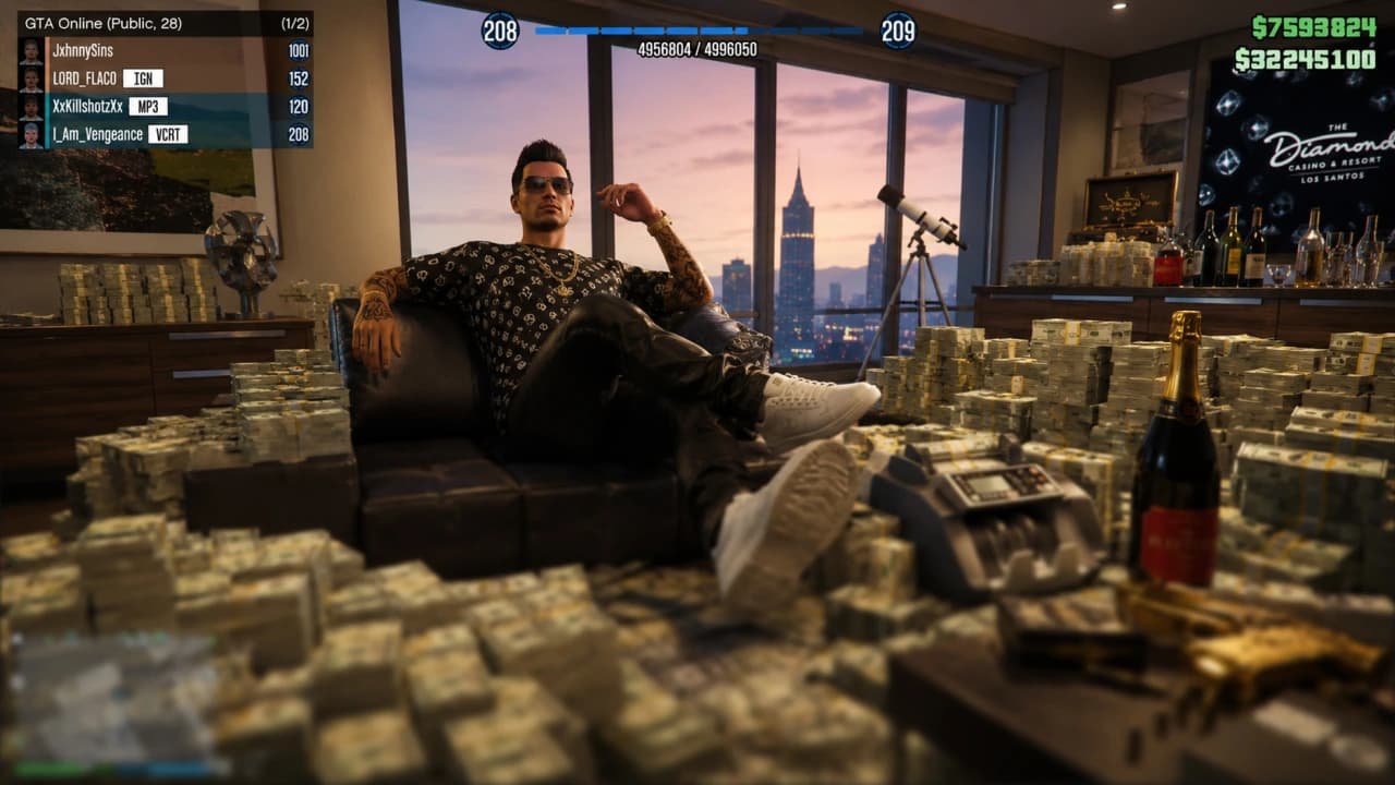A GTA Online player surrounded by stacks of cash in a high-rise apartment