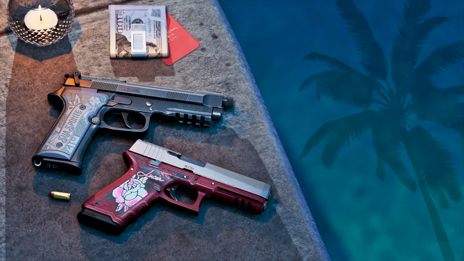 Custom GTA 6 revolvers beside a stack of cash by a pool, illustrating ways to save money on GTA 6