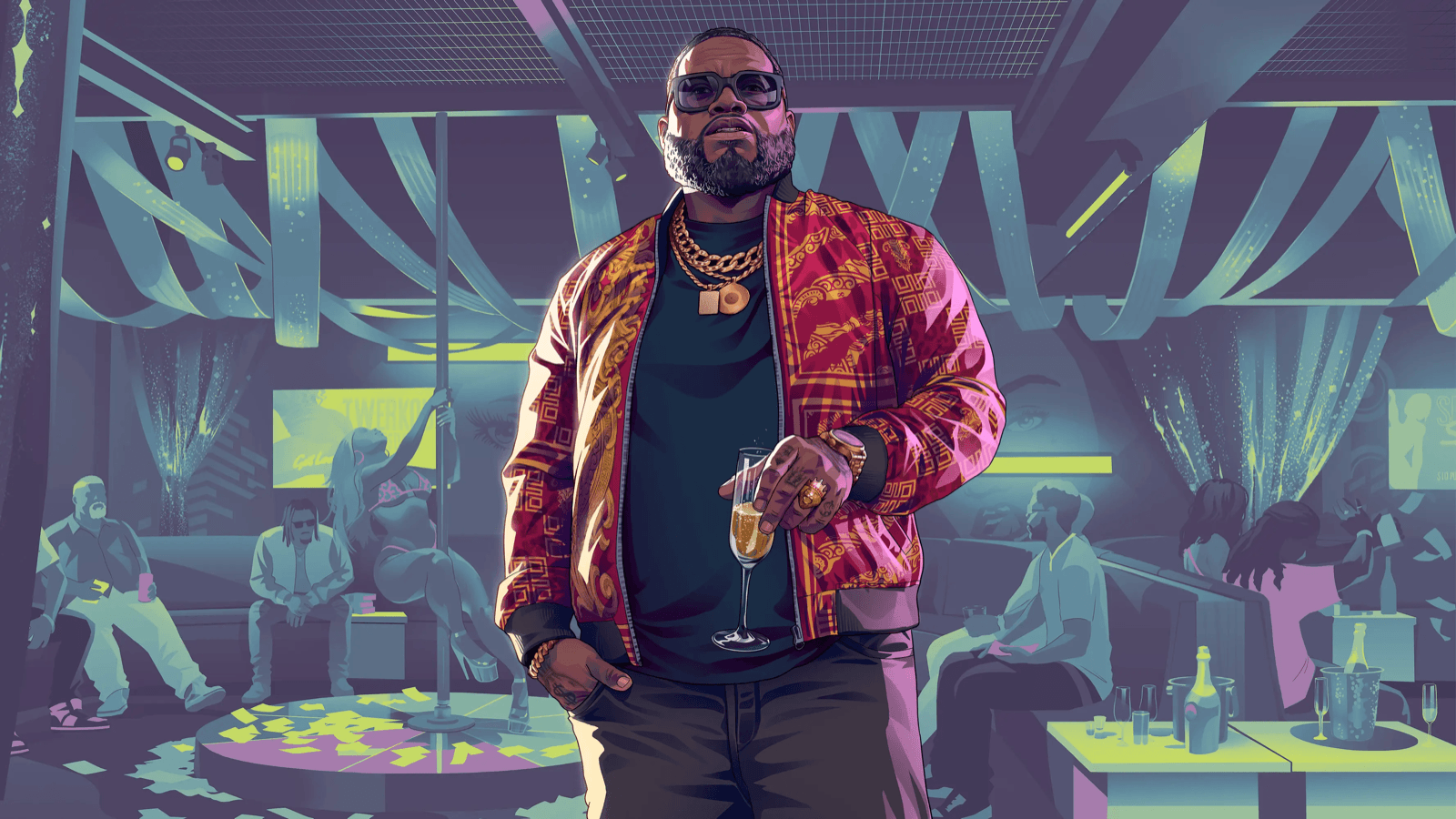 Official GTA 6 artwork of Vice City rap mogul Boobie Ike holding a glass of champagne in a neon-lit club