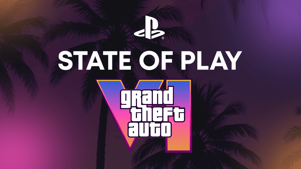 PlayStation State of Play logo with the GTA 6 logo over a Vice City palm-tree backdrop