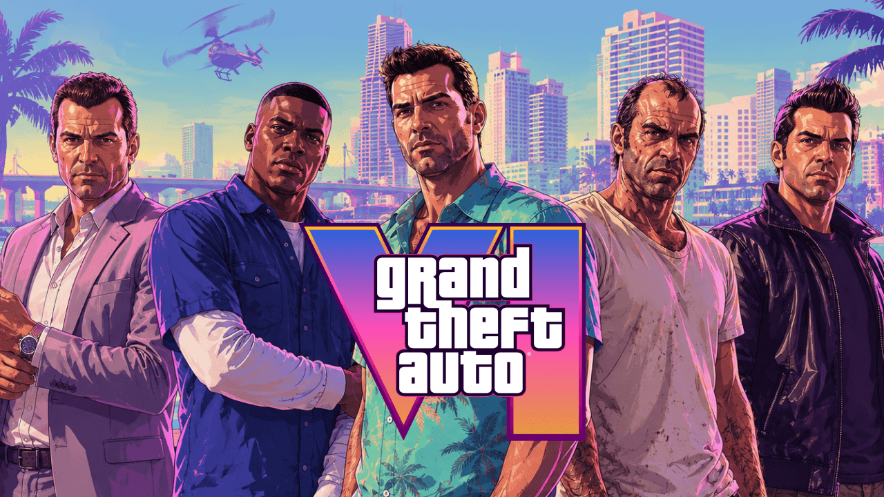 A composite image of past Grand Theft Auto protagonists beside the Grand Theft Auto VI logo