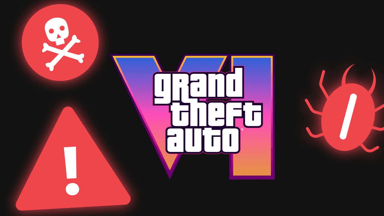 The Grand Theft Auto 6 logo flanked by skull, warning and bug icons, illustrating fake GTA 6 beta and malware scams
