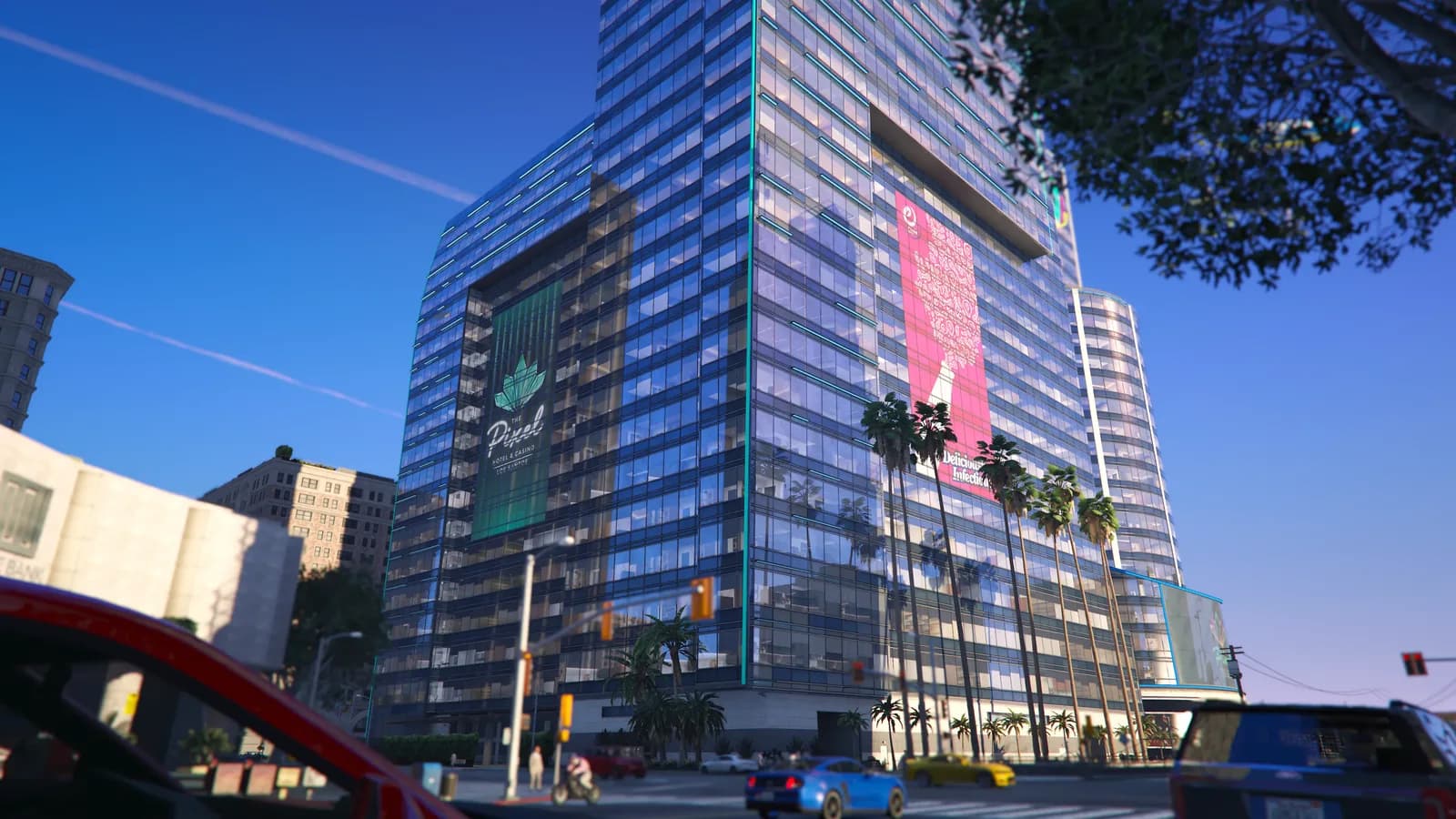 The Pixel Hotel and Casino tower rising over downtown Los Santos in nopixel V