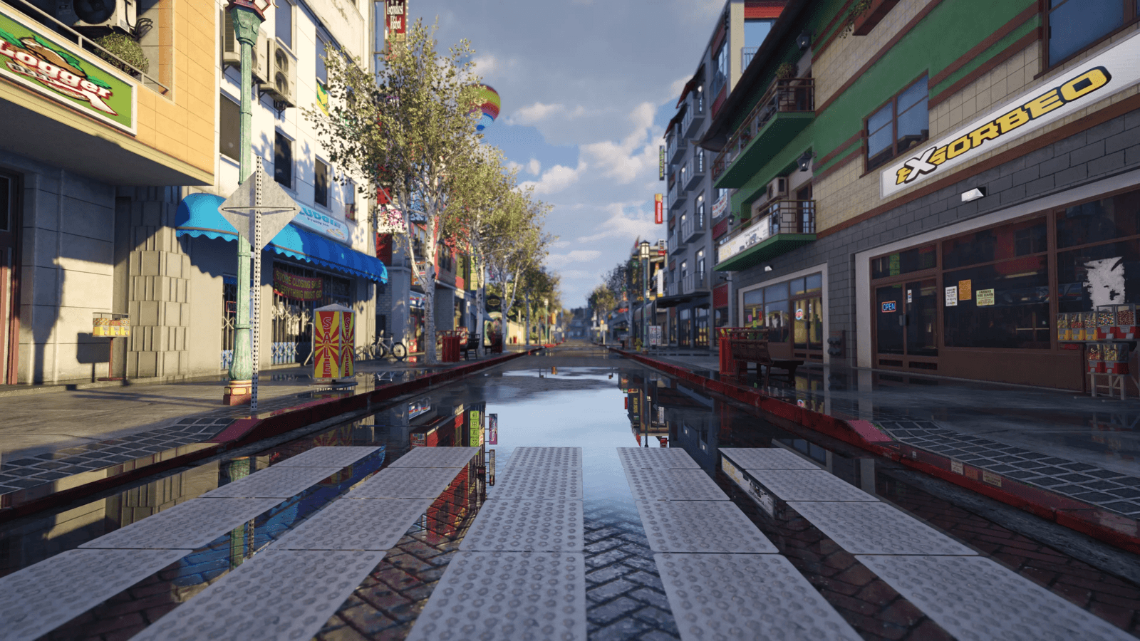 A rebuilt Los Santos street in nopixel V with storefronts and wet asphalt reflections