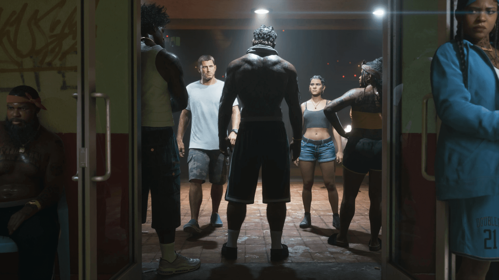 Jason and Lucia meeting a group of characters in a dimly lit room in GTA 6, official screenshot