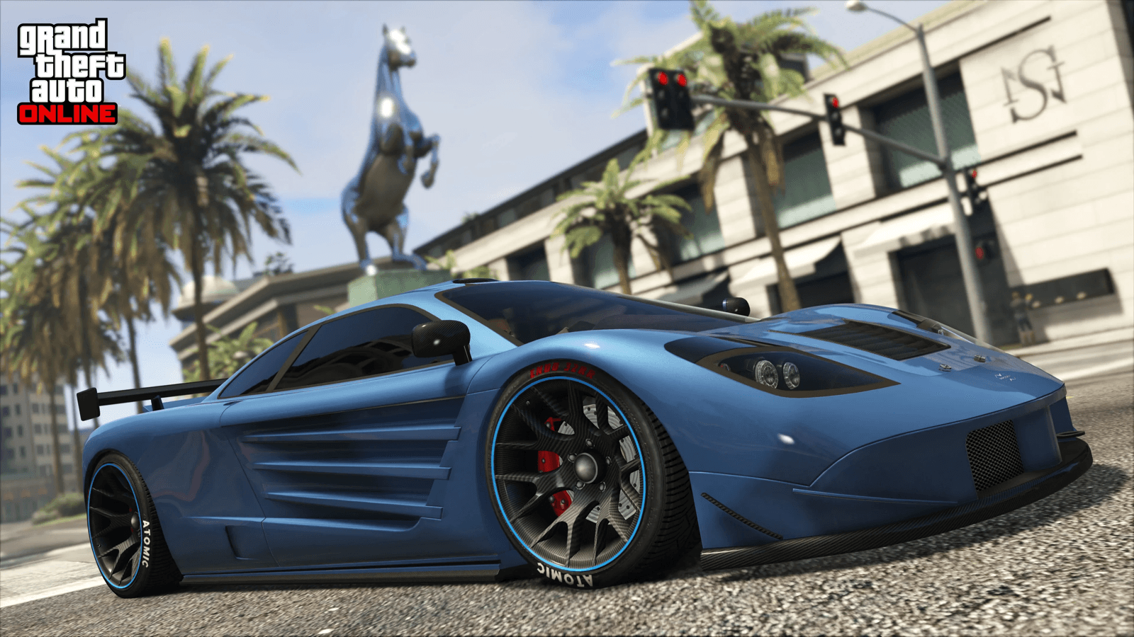 A blue supercar parked on a palm-lined Rockford Hills street in GTA Online, official screenshot