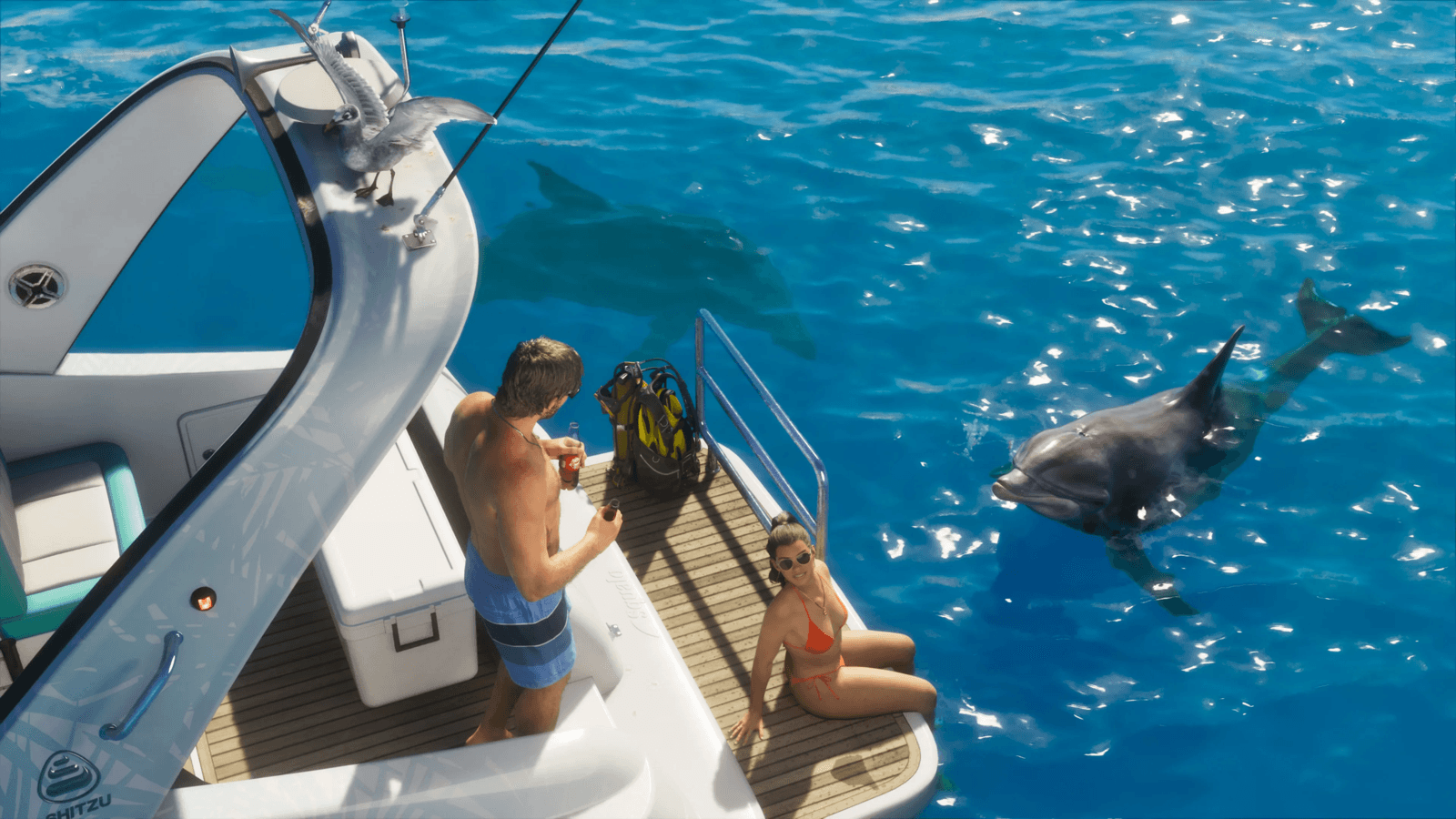 GTA 6 characters relaxing on a Shitzu Squalo boat as a dolphin surfaces in the bright blue Leonida water, a fitting image for the countdown to launch