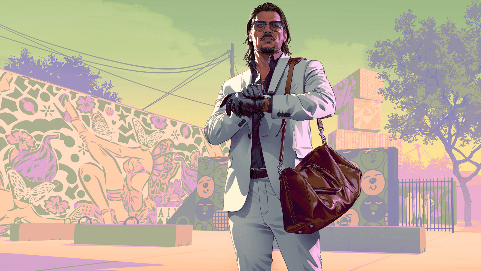 Official GTA 6 key art of Raul Bautista in a light suit checking his watch with a duffel bag