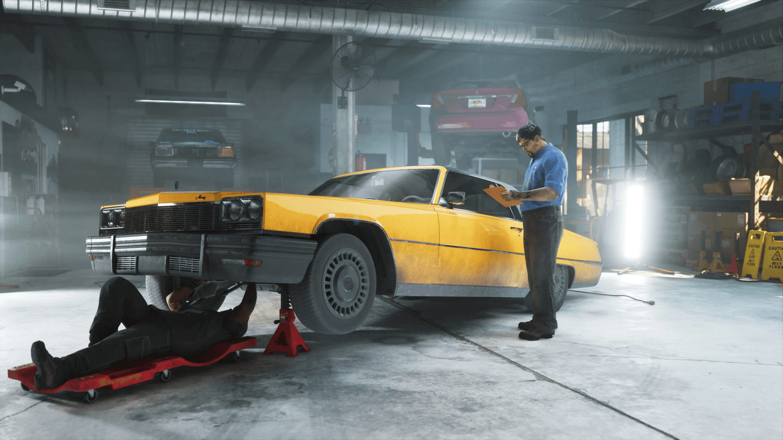 An auto repair shop interior with mechanics working on a car in GTA 6