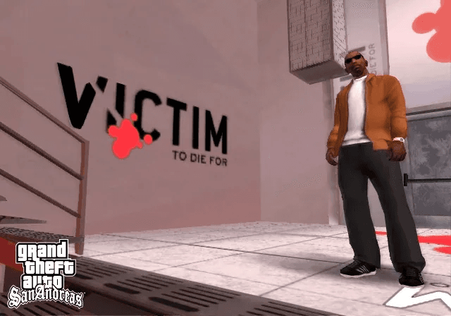 CJ holding an AK-47 outside the Johnson house in GTA San Andreas