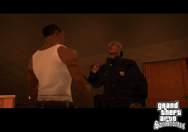CJ standing in Los Santos at dusk in GTA San Andreas