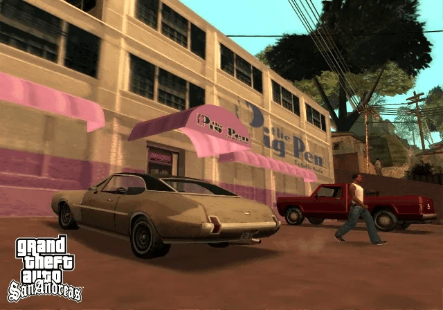 A sports car speeding down the Las Venturas Strip at night in GTA San Andreas