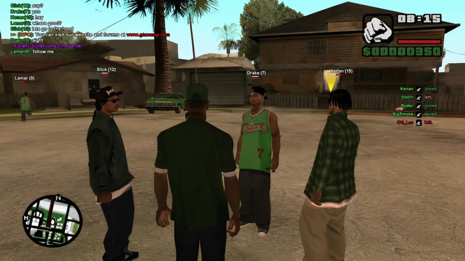 A SA-MP server in GTA San Andreas — players with name tags and chat on Grove Street