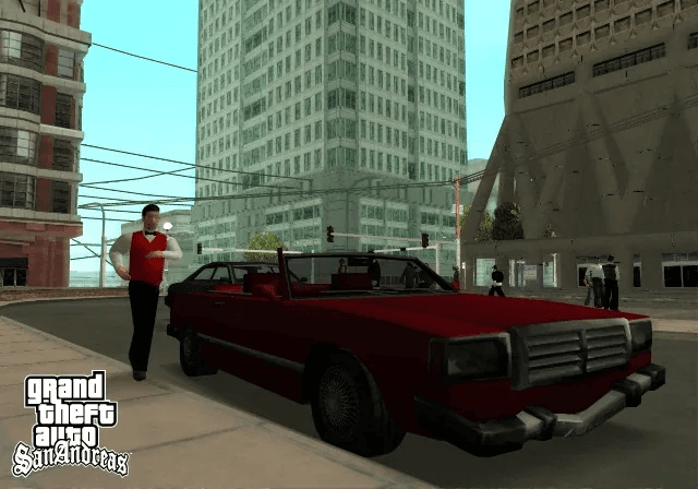 GTA San Andreas screenshot of CJ and supporting characters in Los Santos