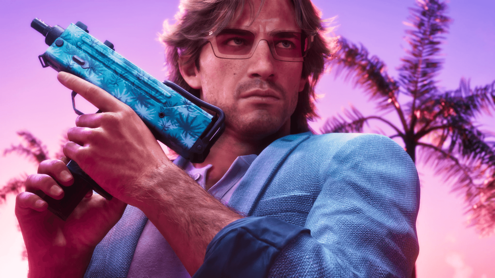 Jason holding a weapon against a Vice City sunset in GTA 6