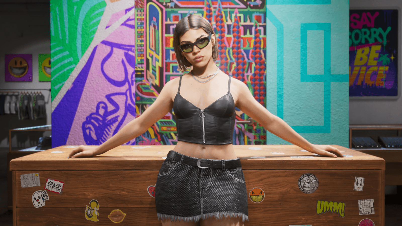 A stylish character posing at a colorful Vice City streetwear shop in GTA 6