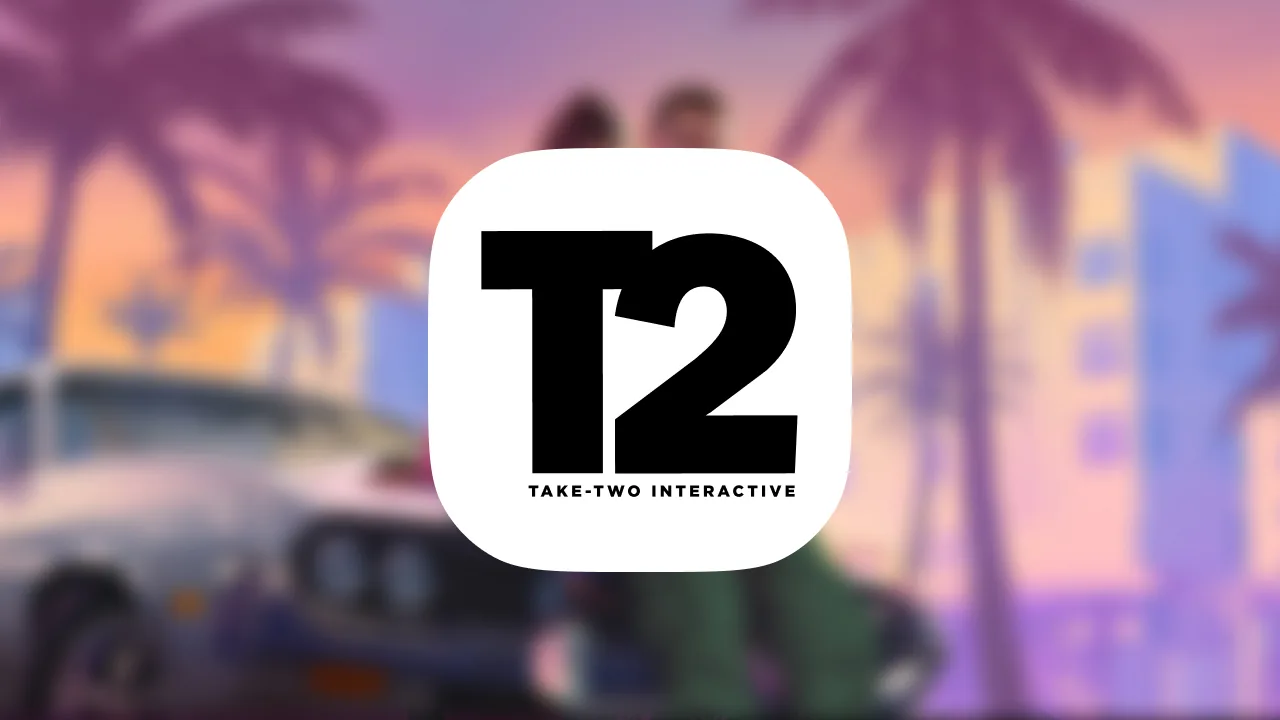 Take-Two Interactive (T2) logo over blurred GTA VI Vice City artwork