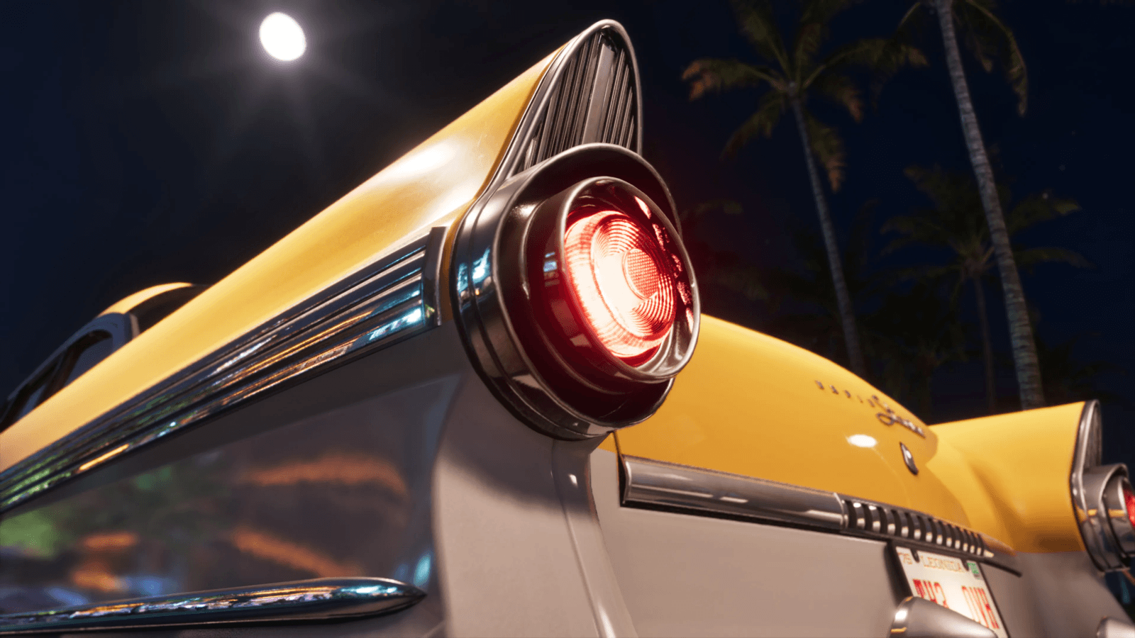 A classic car under a full moon on a Vice City street at night in GTA 6
