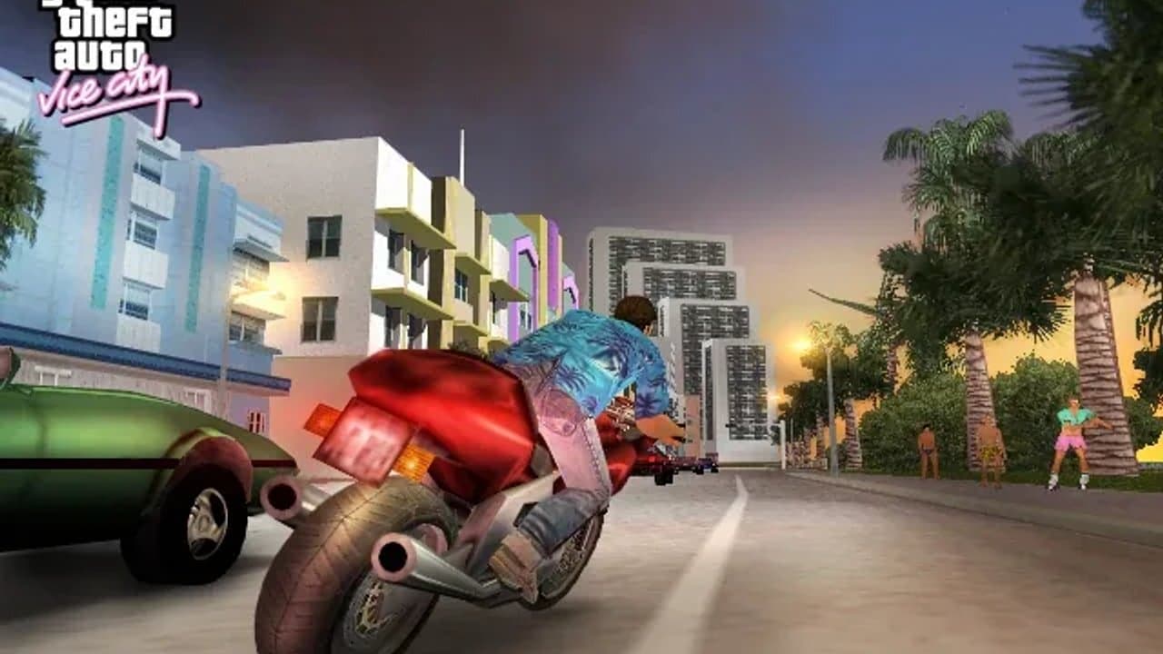 A motorcycle speeds through neon-lit Vice City at night