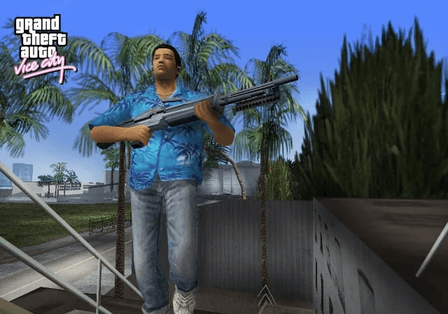 Tommy Vercetti standing over a white skull rampage pickup icon on a Vice City street