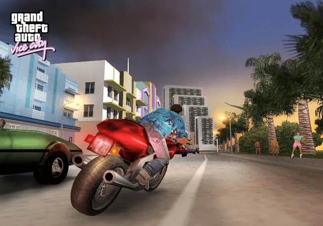 Tommy Vercetti holding a weapon on the neon streets of GTA Vice City