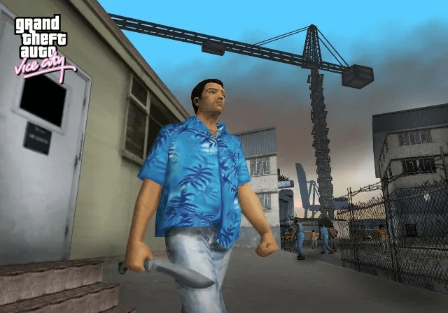 Tommy Vercetti riding a PCJ-600 down Ocean Drive in 1986 Vice City
