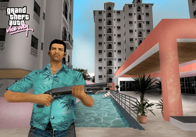 Neon-lit 1986 Vice City skyline at dusk from Grand Theft Auto: Vice City