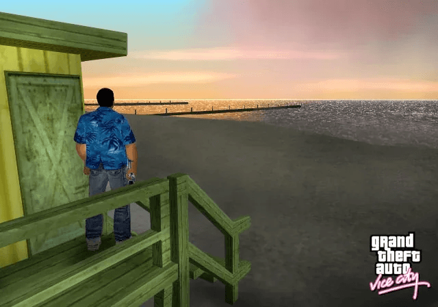 GTA Vice City neon skyline at dusk with palm trees and a pink sports car