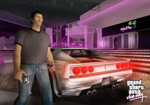 Tommy Vercetti overlooking 1986 Vice City in his signature blue Hawaiian shirt