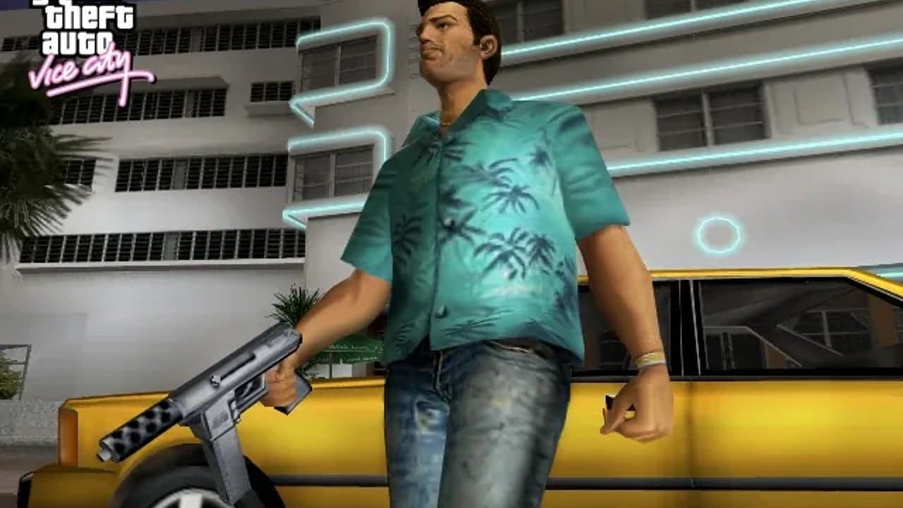 Tommy Vercetti in his iconic Hawaiian shirt outside a Vice City nightclub