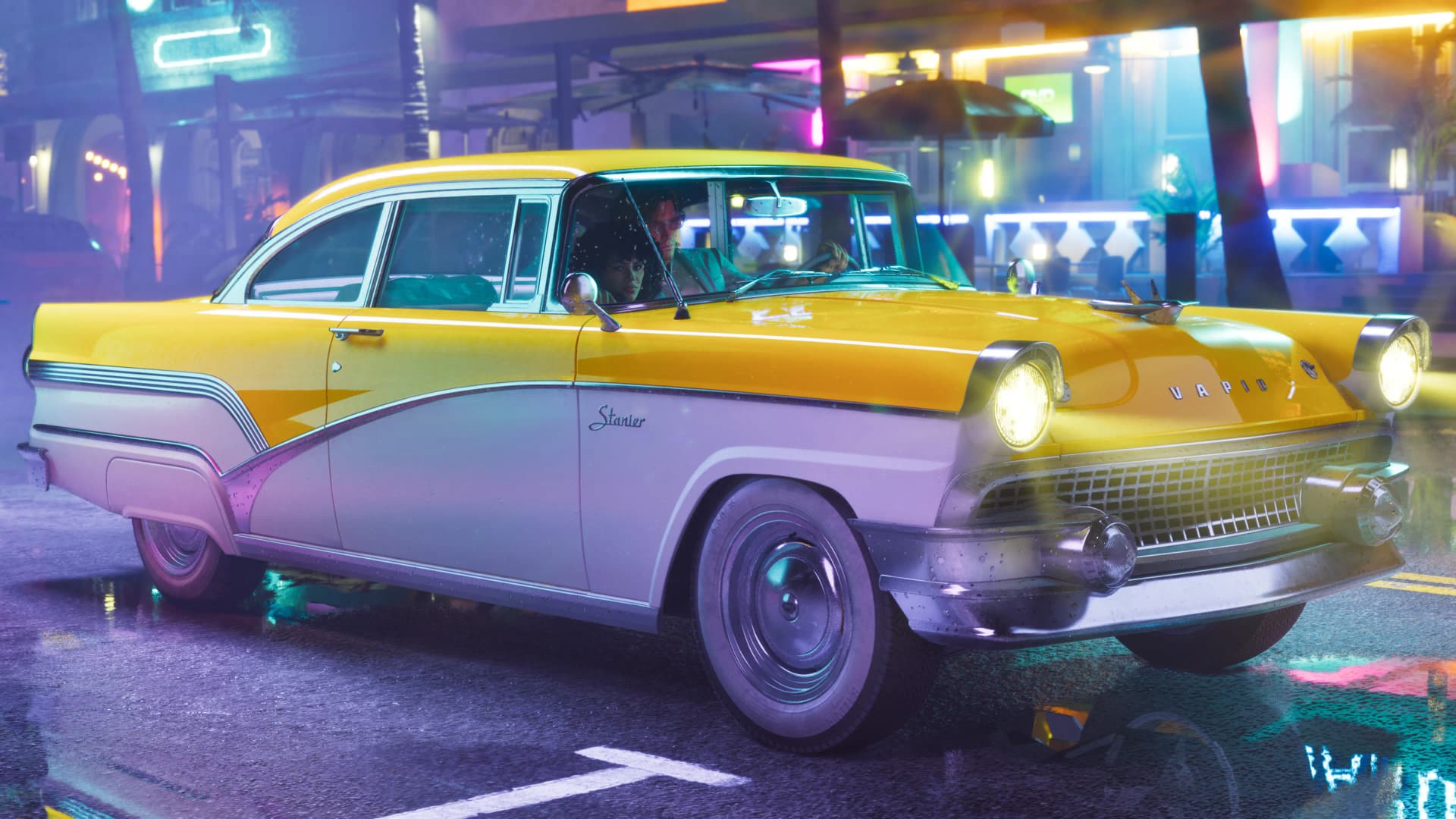 A classic yellow car cruising a neon-lit Vice City street at night in GTA 6