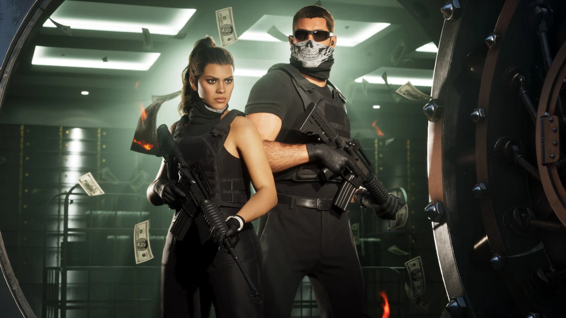 Jason and Lucia standing back to back in a bank vault as cash falls around them
