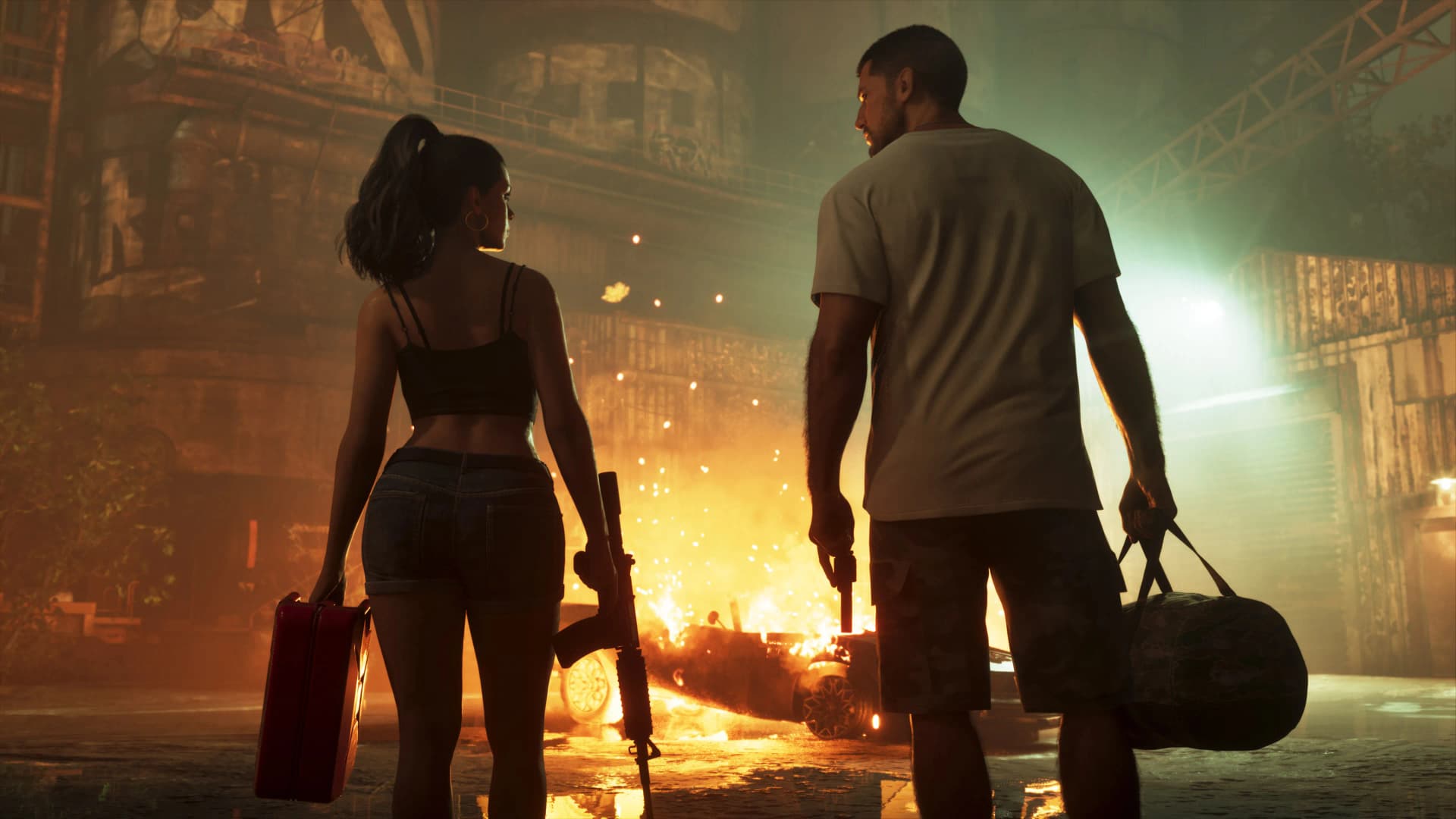 Jason and Lucia walking away from a burning getaway car at night carrying loot